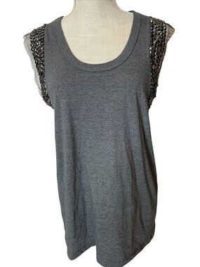 Naima Gray Sleeveless Tank Top Rhinestone Embellished Shoulders Size M